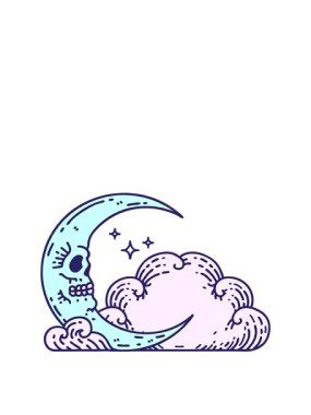 Bir dövmenin animasyonunu geleneksel kafatası hilal ve bulutlar şeklinde genişletiyor.