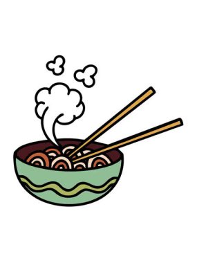 Buharı tüten eriştenin yemek çubuklarıyla titreşimli animasyonu.