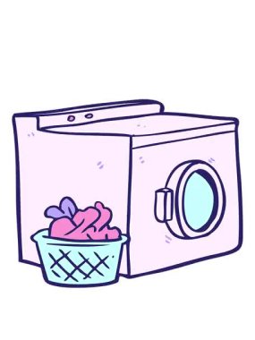 Bir çizgi film çamaşır makinesi ve çamaşır makinesinin hareketli animasyonu