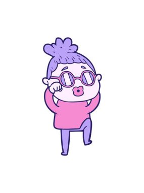 Gözlük takan yorgun kadının çizgi film animasyonunu salla ve durdur.