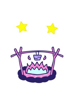 Bir kamp alanının el çizimi çizgi film karalamalarının dönen yıldızları.