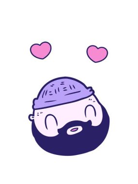 Karikatür suratlı, sakallı, dönen kalpler.