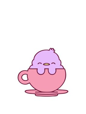 Parlak renkli çay fincanında oturan sevimli bir yavru kuşun çizgi filmini canlandırıyorum.