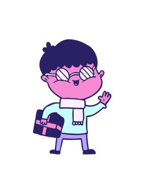 Hediye taşıyan gözlüklü çizgi film çocuğunun hareketli animasyonu.