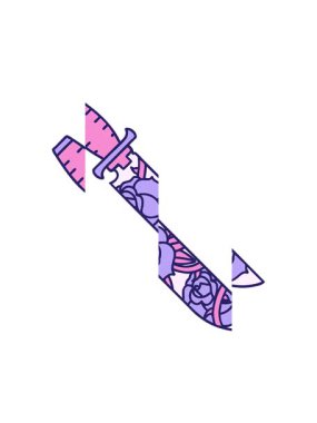 Dövme stili hançer ve çiçeklerin bölünen hareketi