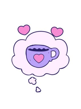 Düşünce baloncuklu kahve bardağının dönen kalp animasyonu.