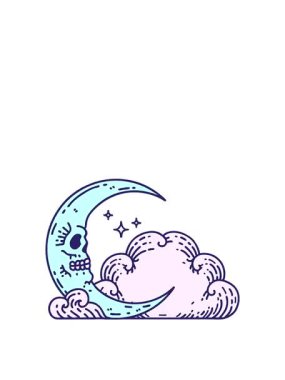 Kafatası hilal ve bulutların geleneksel tarzında bir dövmenin zıplama hareketi.