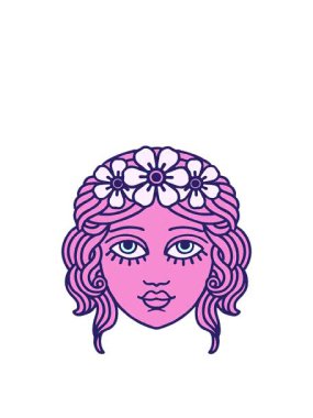 Dövmenin animasyonunu geleneksel kadın yüzüyle çiçek tacıyla genişletiyor.