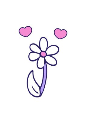 Karikatür karalamalarının dönen kalpleri. Tek bir çiçek.