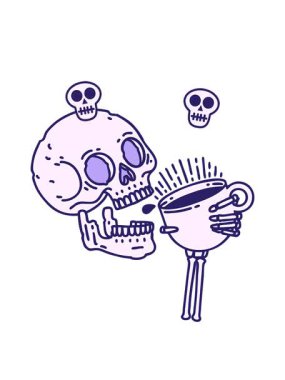 Kafatasının etrafında dönen dövme animasyonu geleneksel bir kafatası tarzında kahve içiyor.