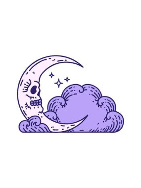 Kafatası hilal ve bulutların geleneksel stiliyle dövmenin dönen hareketli animasyonu