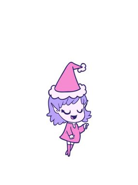 Mutlu el çizgileri çizerek Noel Baba şapkası takan bir elf kızı çiziyor.