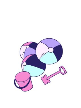 Bir kova ve kürek ile çizgi film karalama plaj topları animasyonu