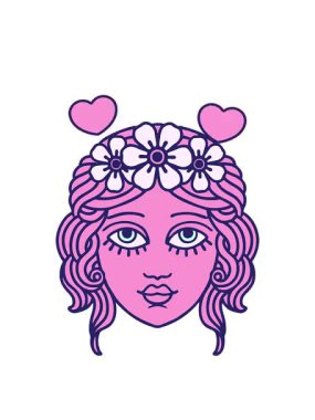 Dönen kalp animasyonu. Geleneksel bir kadın yüzü ve çiçek taçlı dövme.