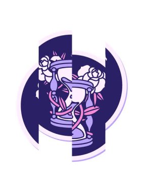 Geleneksel bir saat cam ve çiçek stili ile dövmenin hareketli animasyonu