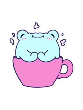 Kahve fincanında oturan sevimli bir kurbağanın hareketli çizgi filmi.