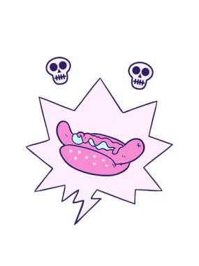 Çizgi film animasyonu dönen kafatasları konuşma balonlu taze lezzetli sosisli.