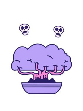 Japon bonsai ağacının sığ saksı dizaynında kafatası animasyonu