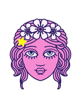 Kıvılcım saçan yıldızlar, geleneksel kadın yüzüyle çiçek tacıyla dövmenin animasyonunu etkiler.