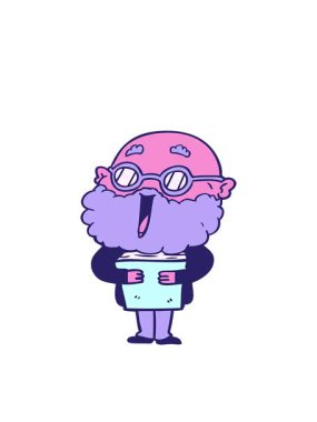 Çizgi film animasyonu sakallı ve kitaplı neşeli adam.