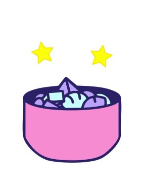 dönen yıldızların animasyonu karışık deniz ürünleri ve sebze Japon yemek kasesi çizimi.