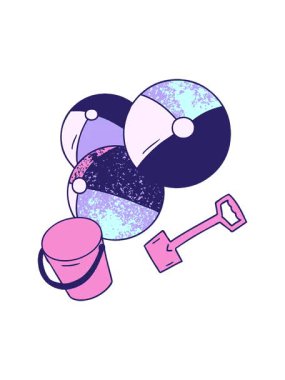 Bir kova ve kürek ile çizilmiş karikatür karalama plaj topları el hareketli animasyon