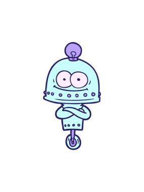 Mutlu çizgi film robotu ve ampulün hareketli animasyonu