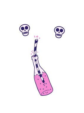 Çizgi film karakteri köpüklü içecek ve samanların kafatası animasyonları