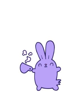 Kahve fincanı ile sevimli çizgi film tavşanının yükselişi ve yüzüşü