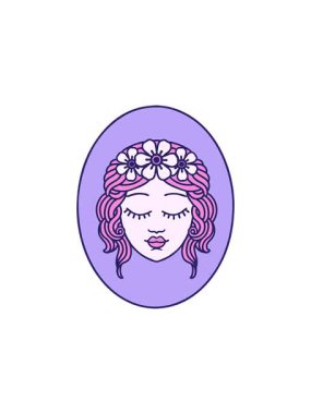 Dikkat çekici bir dövme animasyonu. Geleneksel tarzda gözleri kapalı bir bakire.