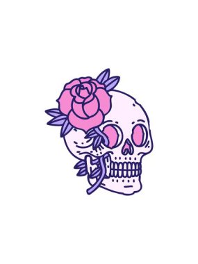 Bir kafatasının ve gülün retro dövme tarzının canlandırma efekti