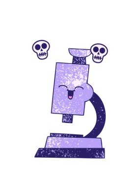 Bir mikroskobun eski grunge doku çizgi filminin dönen kafatasları animasyonu