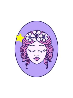 Parıldayan yıldızlar, dövmenin animasyonunu gözleri kapalı bir genç kızın geleneksel tarzında etkiler.