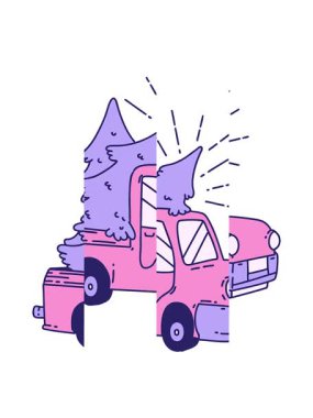 Ağaçları taşıyan geleneksel dövme kamyonu çiziminin bölünmüş hareket animasyonu