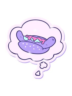 Düşünce baloncuklu çizgi film sosislisinin basılı çıkartma olarak simli hali.