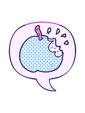 çizgi film canlandırmasını canlandırın taze ısırılmış elma ve çizgi roman tarzında konuşma balonu.