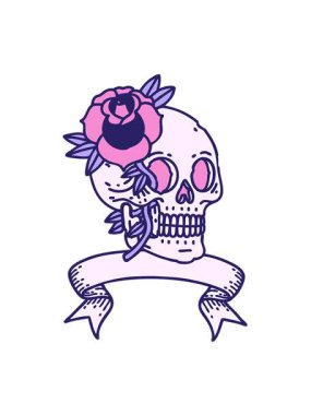 Geleneksel bir dövmenin titreşimli hareketli animasyonu. Kafatası ve gül pankartıyla.