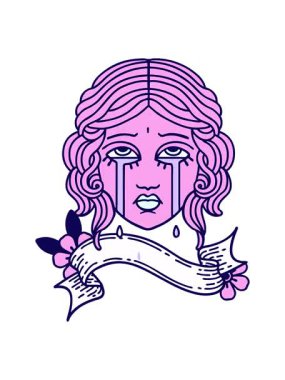 Geleneksel dövmenin neon ışık efektleri ve ağlayan kadın yüzü pankartı.