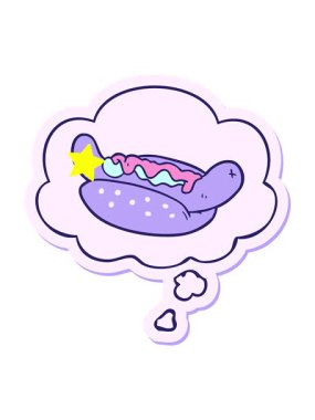 Parıldayan yıldızlar çizgi film sosislisinin animasyonuna etki eder. Düşünce baloncuğu da basılı çıkartma olarak kullanılır.