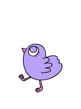 El animasyonunu genişletiyor. Tuhaf çizgi film sarı kuşu çiziyor.