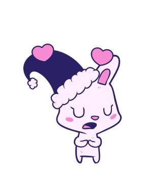 Noel şapkası takan çizgi film tavşanının dönen kalp animasyonu.