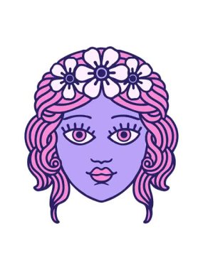 Dövme hareketli kadın yüzü çiçek tacıyla sallanıyor.