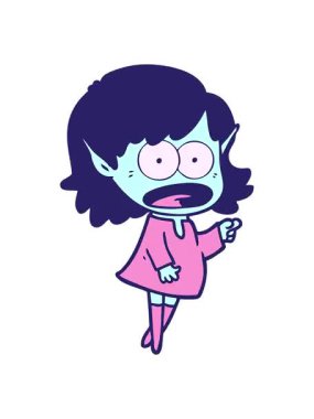 Titreyen çizgi film animasyonu şok edici elf kızı işaret ediyor.