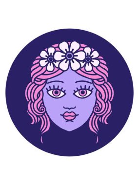 Titreşimli hareketli ikonik dövmeli kadın yüzü ve çiçek taç.