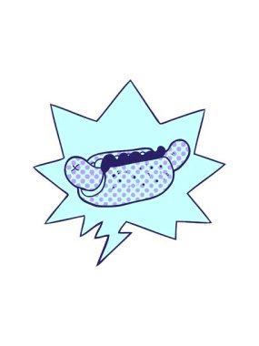 Dikkat çekici çizgi film karakteri. Lezzetli, çizgi roman tarzında konuşma balonu olan sosisli sandviç.