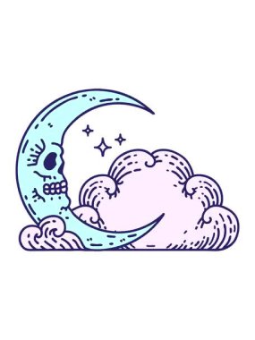 Geleneksel kafatası hilal ve bulutlar şeklinde bir dövmenin basınçlı canlandırması