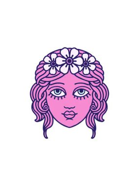 Dövmenin yıldız patlaması etkisi geleneksel kadın yüzü tarzında çiçek taçlandırılmış.