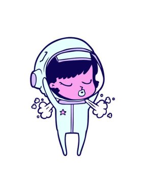 Çizgi filmdeki neon ışık efektleri. Güzel astronot kız kaskını çıkarıyor.