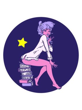 Parlayan yıldızlar, kitapların üzerinde oturan bir kızın ikonik dövme görüntüsünün animasyonunu etkiler.