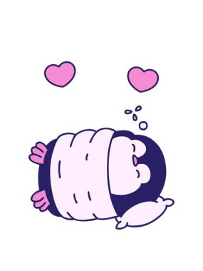 Uyuyan sevimli bir penguen karikatürünün dönen kalpleri.